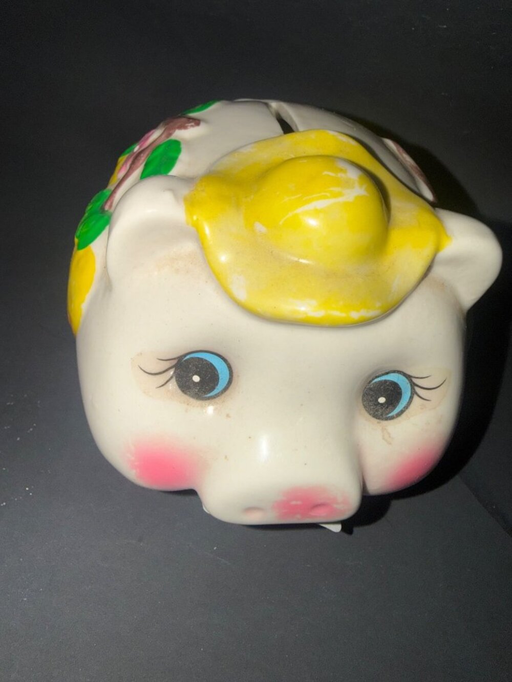 Vintage Ceramic Piggy Bank With Yellow Hat & Floral Details